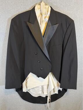 After Six Formal Black Tuxedo Suit Tails Coat, Shirt, & Vest Jacket 58L